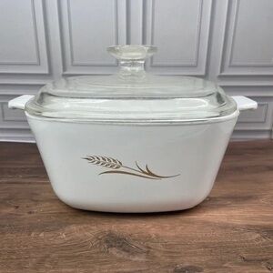 White Casserole Dish with Gold Wheat Design